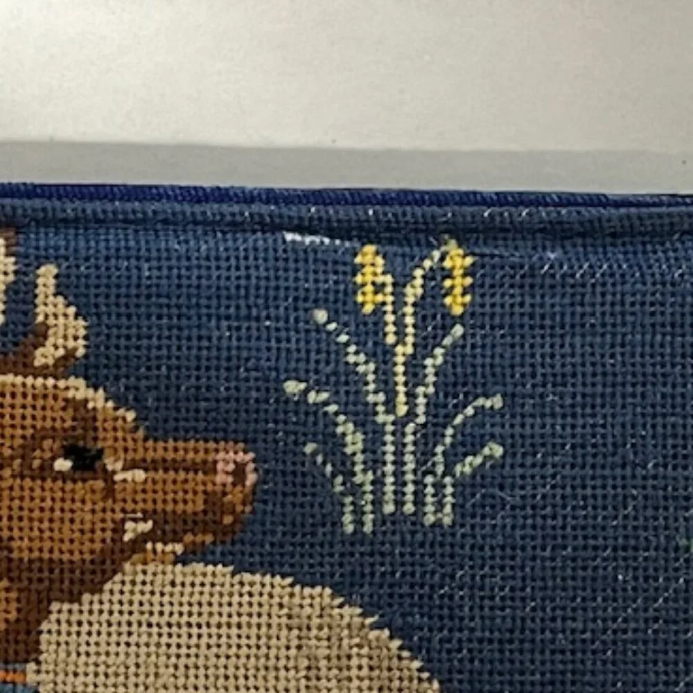 VTG Needlepoint Blue Animals Floral Eyeglasses Soft Case Silk Cotton 6.5